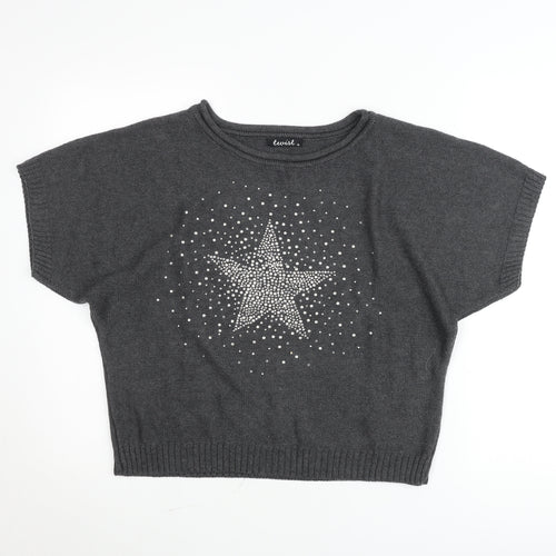 Twist Womens Grey Rhinestone Star Short Sleeve Pullover Jumper Size 14