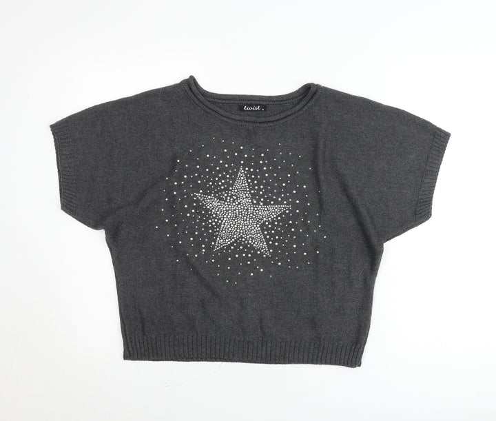 Twist Womens Grey Rhinestone Star Short Sleeve Pullover Jumper Size 14
