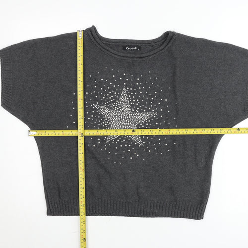 Twist Womens Grey Rhinestone Star Short Sleeve Pullover Jumper Size 14