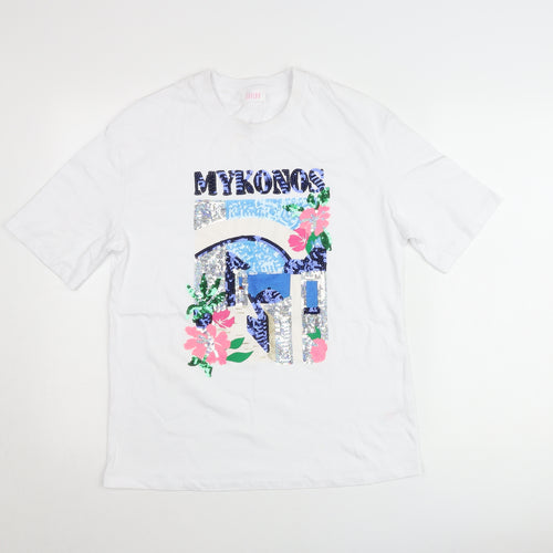 Savida Women White Sequin Mykonos Print T-Shirt XS
