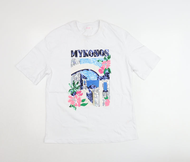 Savida Women White Sequin Mykonos Print T-Shirt XS