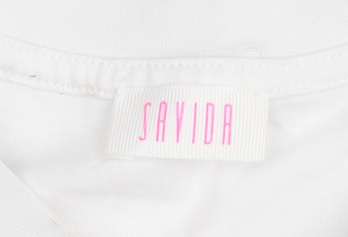 Savida Women White Sequin Mykonos Print T-Shirt XS