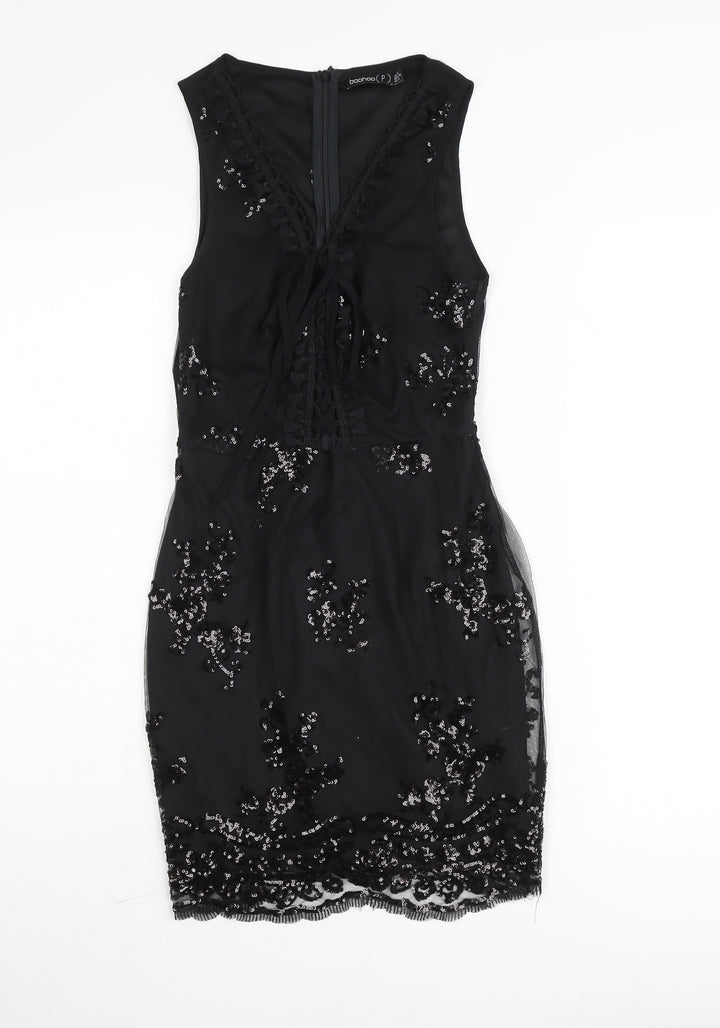 Boohoo Petite Black Sequin Bodycon Party Dress Womens UK 6