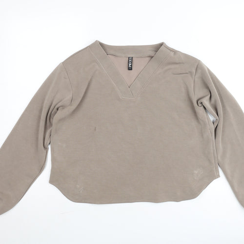 Pieces Women Beige V-Neck Long Sleeve Pullover Jumper M