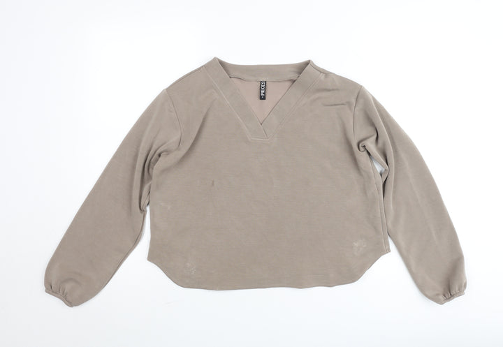 Pieces Women Beige V-Neck Long Sleeve Pullover Jumper M