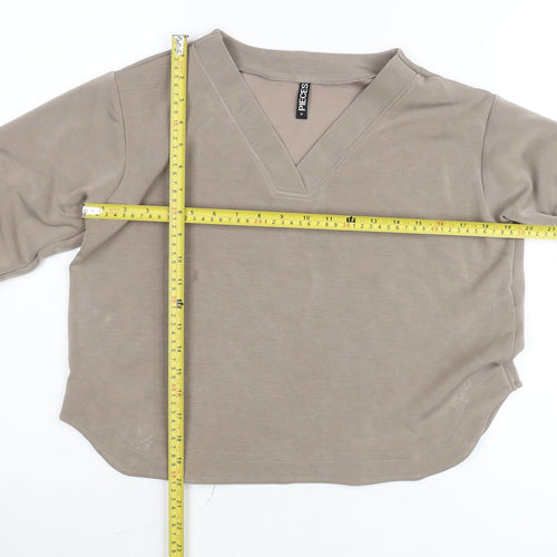 Pieces Women Beige V-Neck Long Sleeve Pullover Jumper M
