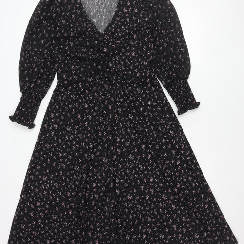 Savida Women's Black Floral A-Line Dress Size 12 Long Sleeve V-Neck