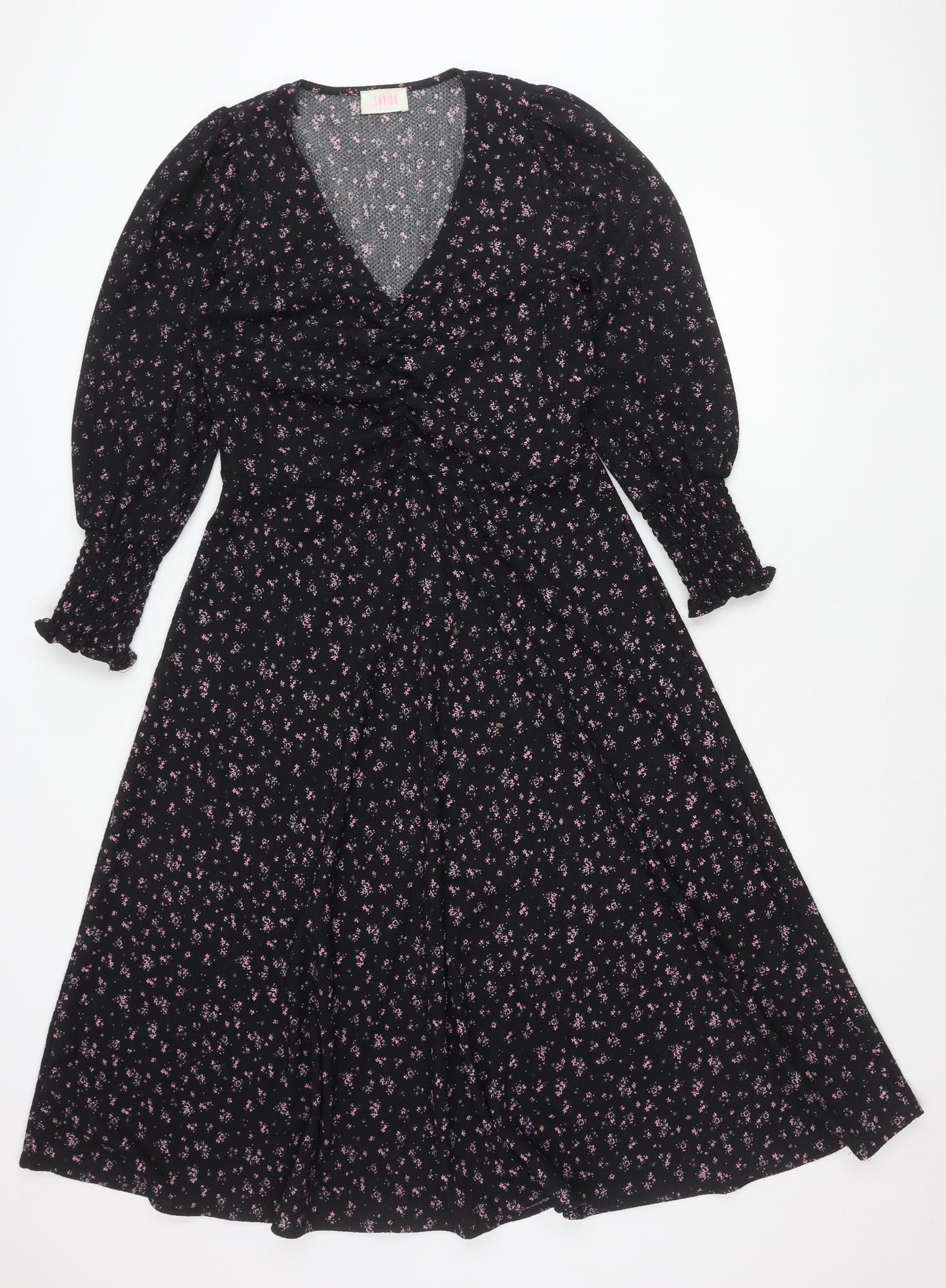 Savida Women's Black Floral A-Line Dress Size 12 Long Sleeve V-Neck