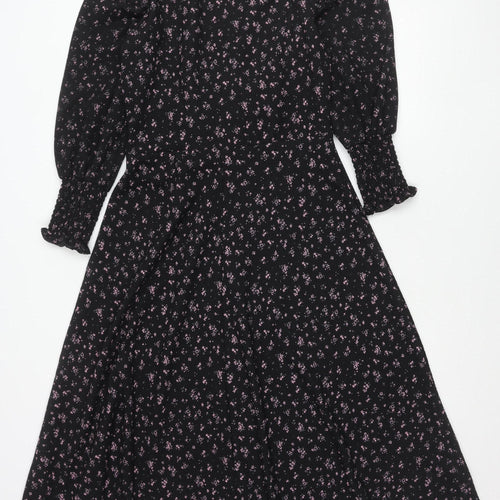 Savida Women's Black Floral A-Line Dress Size 12 Long Sleeve V-Neck