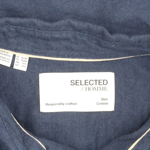 Selected Homme Mens Blue Slim Fit Cotton Button-Up Shirt XL 44 17.5
