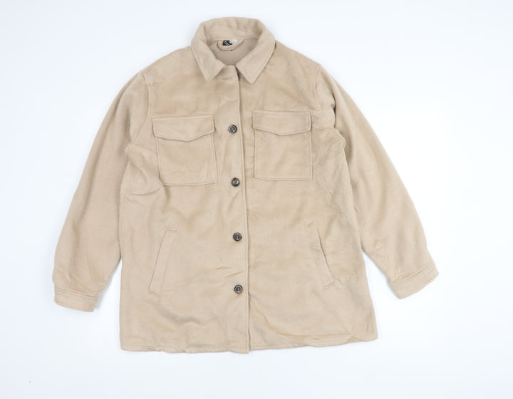 DIVIDED Women Beige Fleece Button Jacket Size S Casual Mid-Length