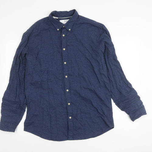 SELECTED HOMME Men's Blue Slim Fit Button-Up Cotton Shirt XL
