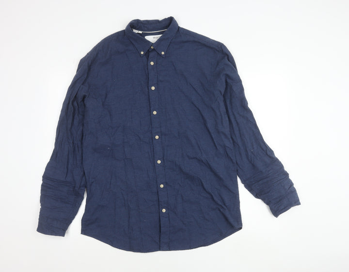 SELECTED HOMME Men's Blue Slim Fit Button-Up Cotton Shirt XL
