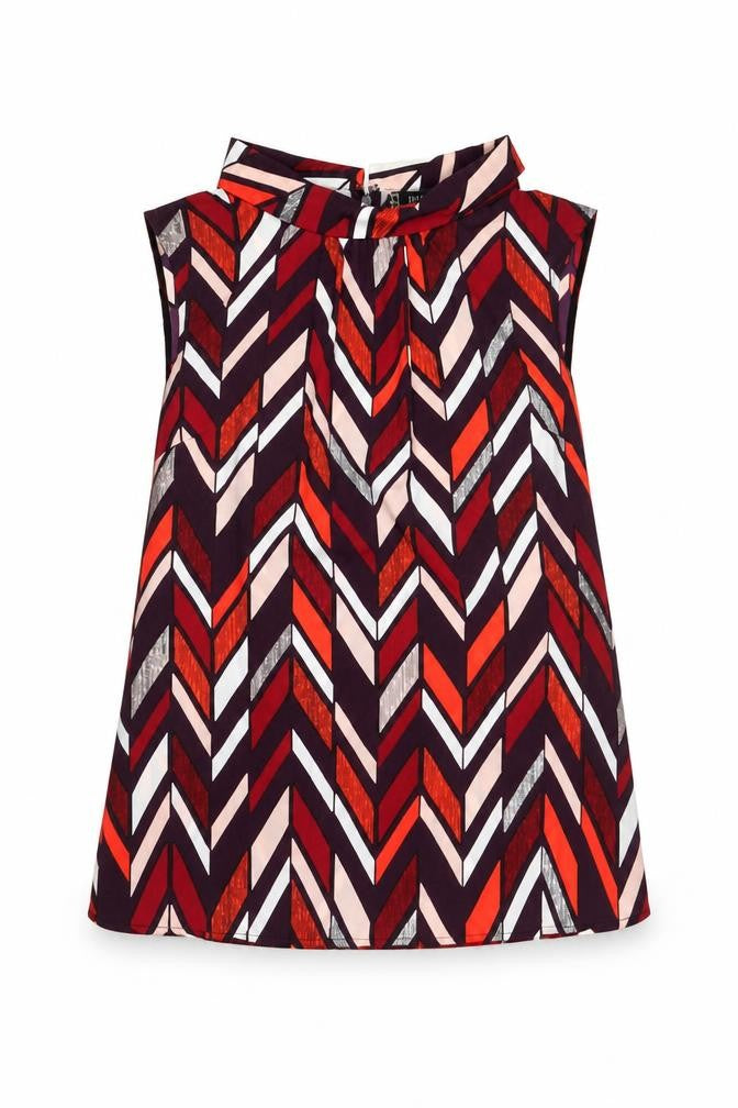 Front view of Principles by Ben de Lisi women’s multicoloured geometric zip blouse, size UK 12