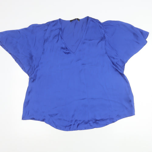 Next Womens Blue V-Neck Satin Flutter Sleeve Blouse Size 12