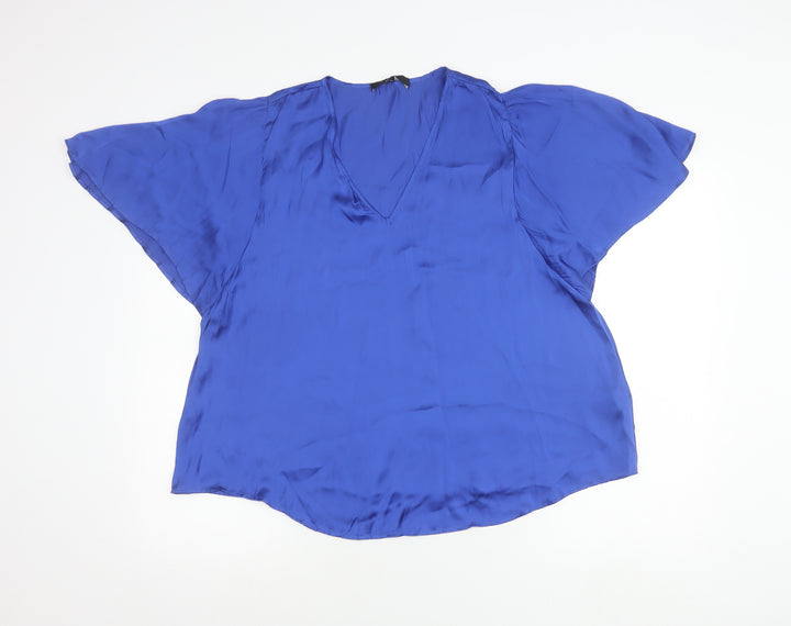 Next Womens Blue V-Neck Satin Flutter Sleeve Blouse Size 12