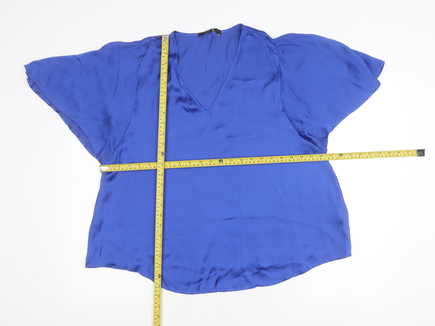 Next Womens Blue V-Neck Satin Flutter Sleeve Blouse Size 12