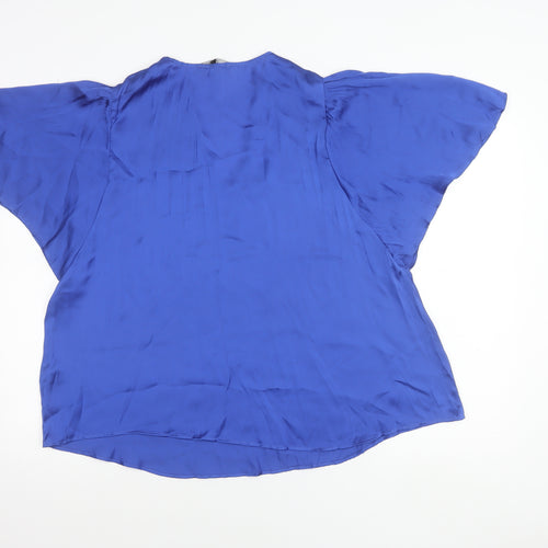 Next Womens Blue V-Neck Satin Flutter Sleeve Blouse Size 12