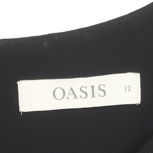 Oasis Women's Black Short Sleeve Blouse UK 12 Round Neck Top