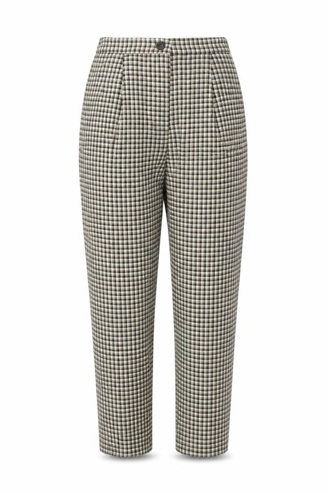 Front view of H&M Divided Women’s Beige Check Stretch Trousers, size UK 10