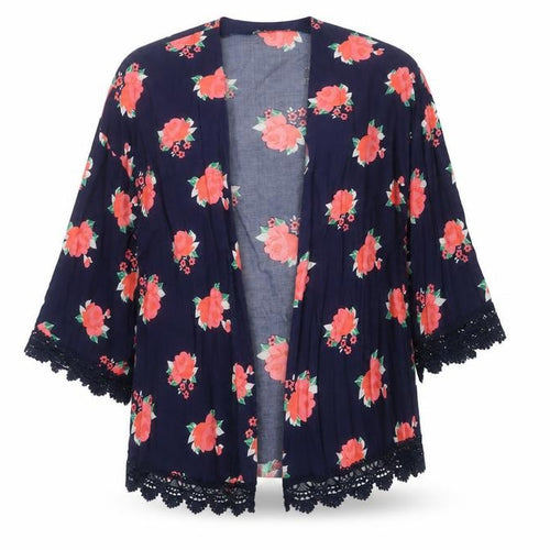 Hot Tin Roof Women's Blue Floral Kimono Blouse Lace Trim Size S