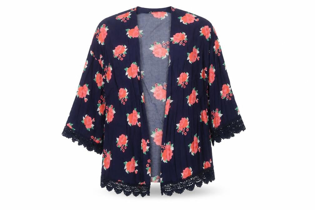 Hot Tin Roof Women's Blue Floral Kimono Blouse Lace Trim Size S