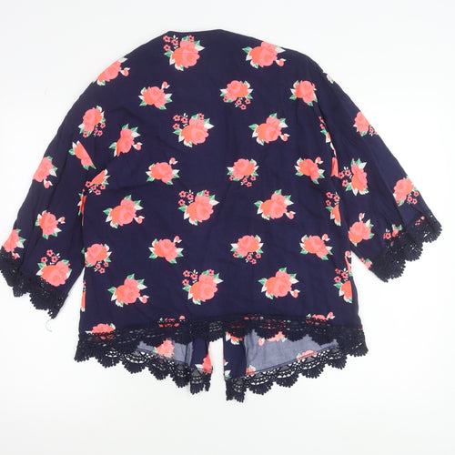 Hot Tin Roof Women's Blue Floral Kimono Blouse Lace Trim Size S