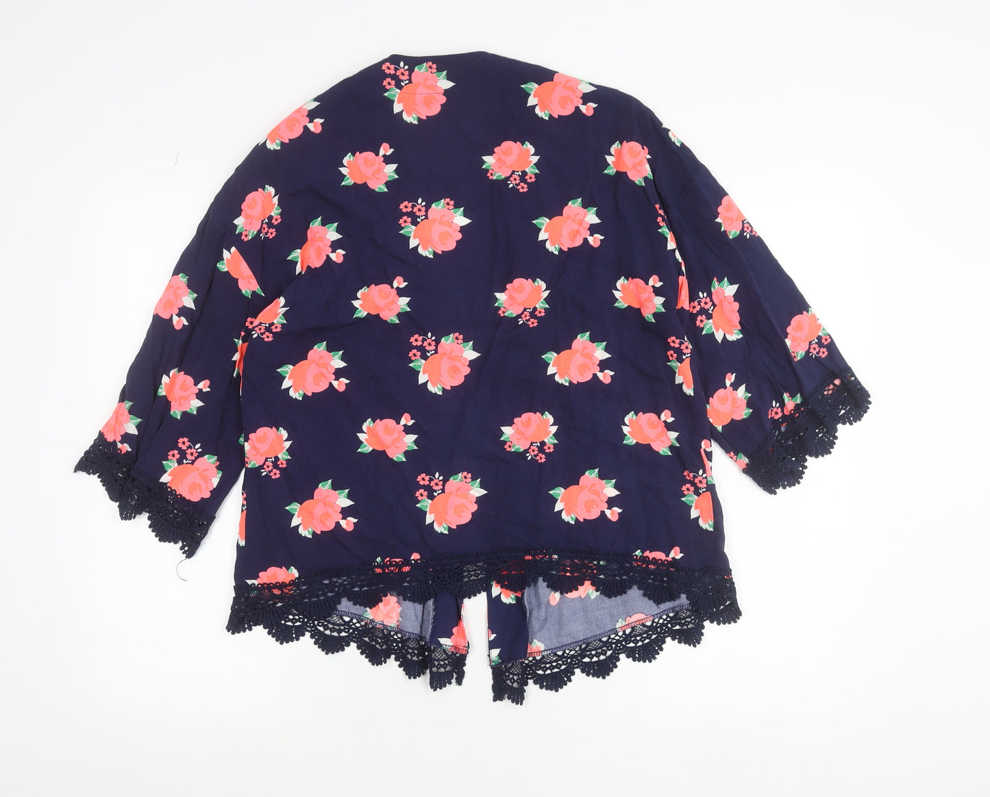 Hot Tin Roof Women's Blue Floral Kimono Blouse Lace Trim Size S