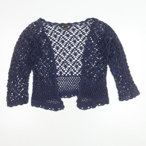LINK Women’s Blue Crochet Open Cardigan S 3/4 Sleeve Cotton Knit