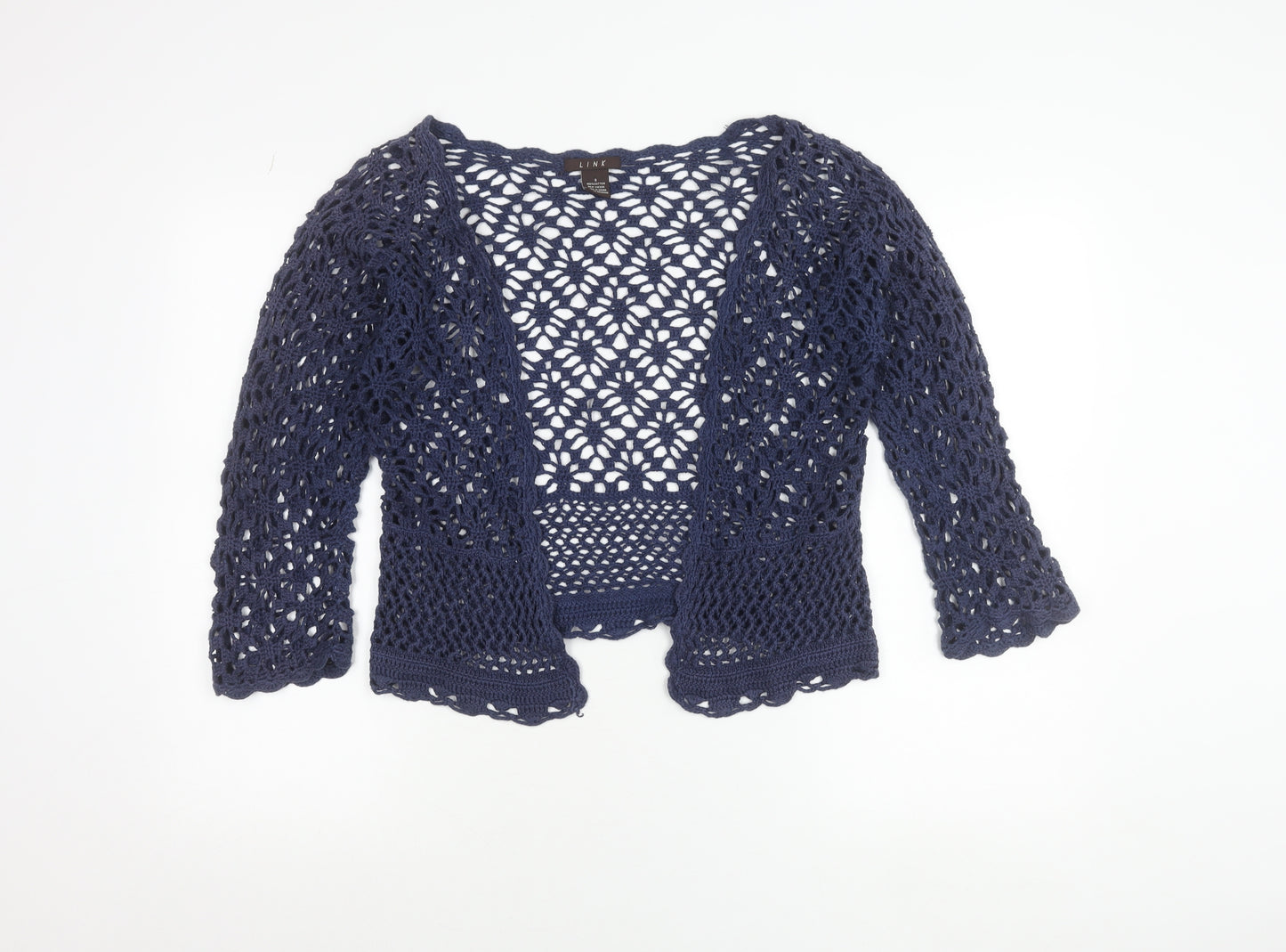 LINK Women’s Blue Crochet Open Cardigan S 3/4 Sleeve Cotton Knit