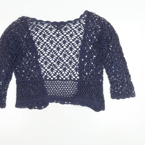 LINK Women’s Blue Crochet Open Cardigan S 3/4 Sleeve Cotton Knit
