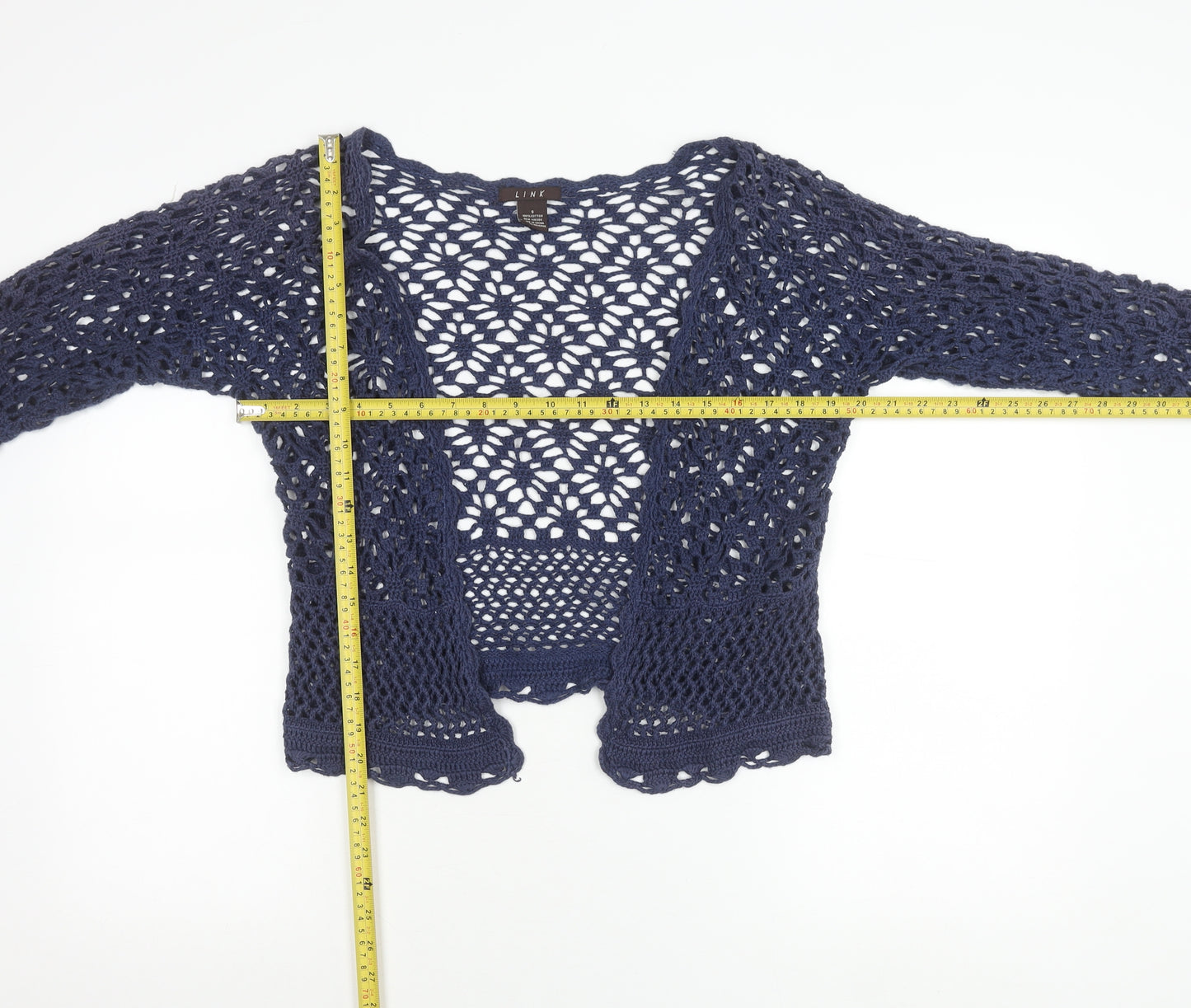LINK Women’s Blue Crochet Open Cardigan S 3/4 Sleeve Cotton Knit
