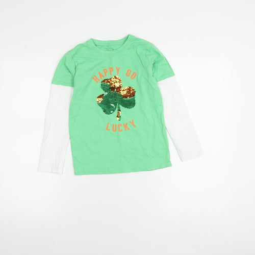 Dunnes Stores Boys Green Sequin Shamrock Long Sleeve T-Shirt 7-8 Years