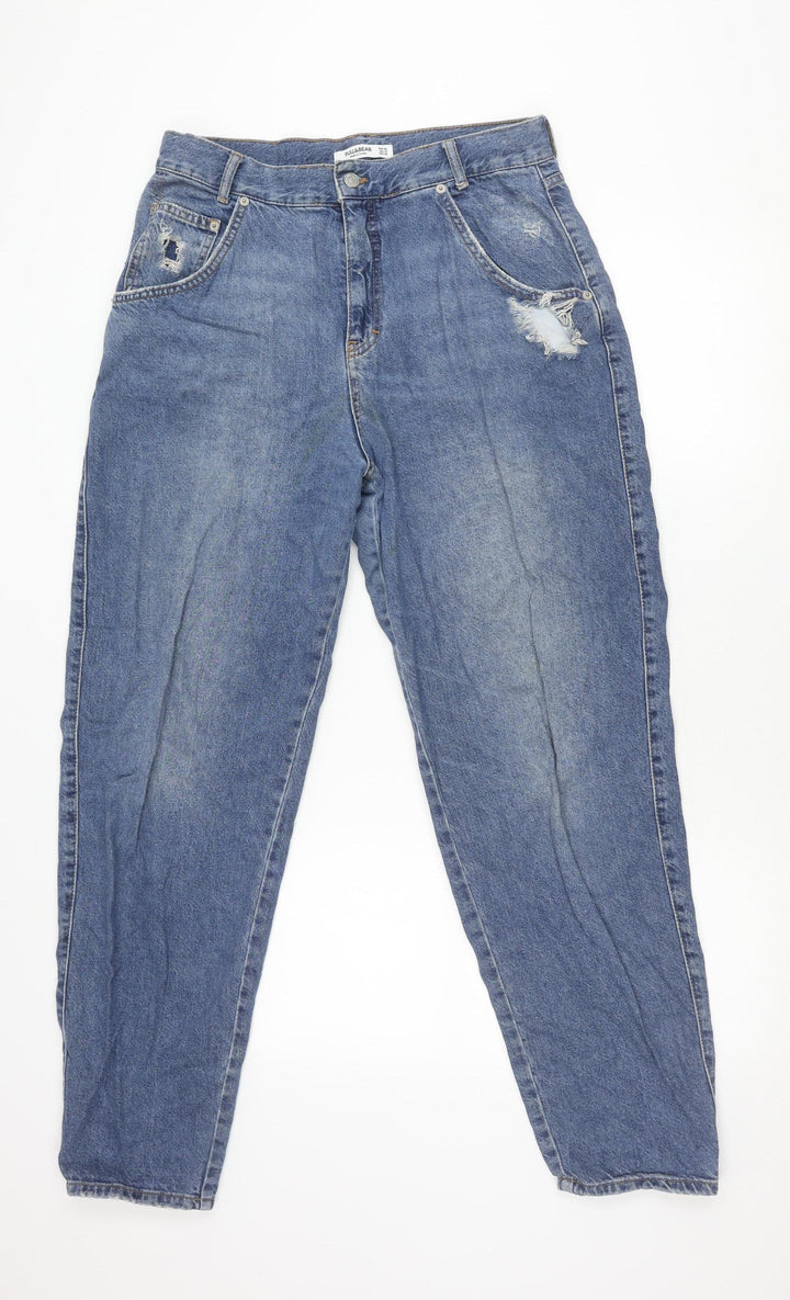 Pull & Bear Men's Blue 32in Regular Fit Distressed Straight Jeans