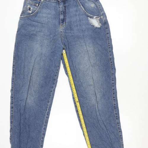 Pull & Bear Men's Blue 32in Regular Fit Distressed Straight Jeans