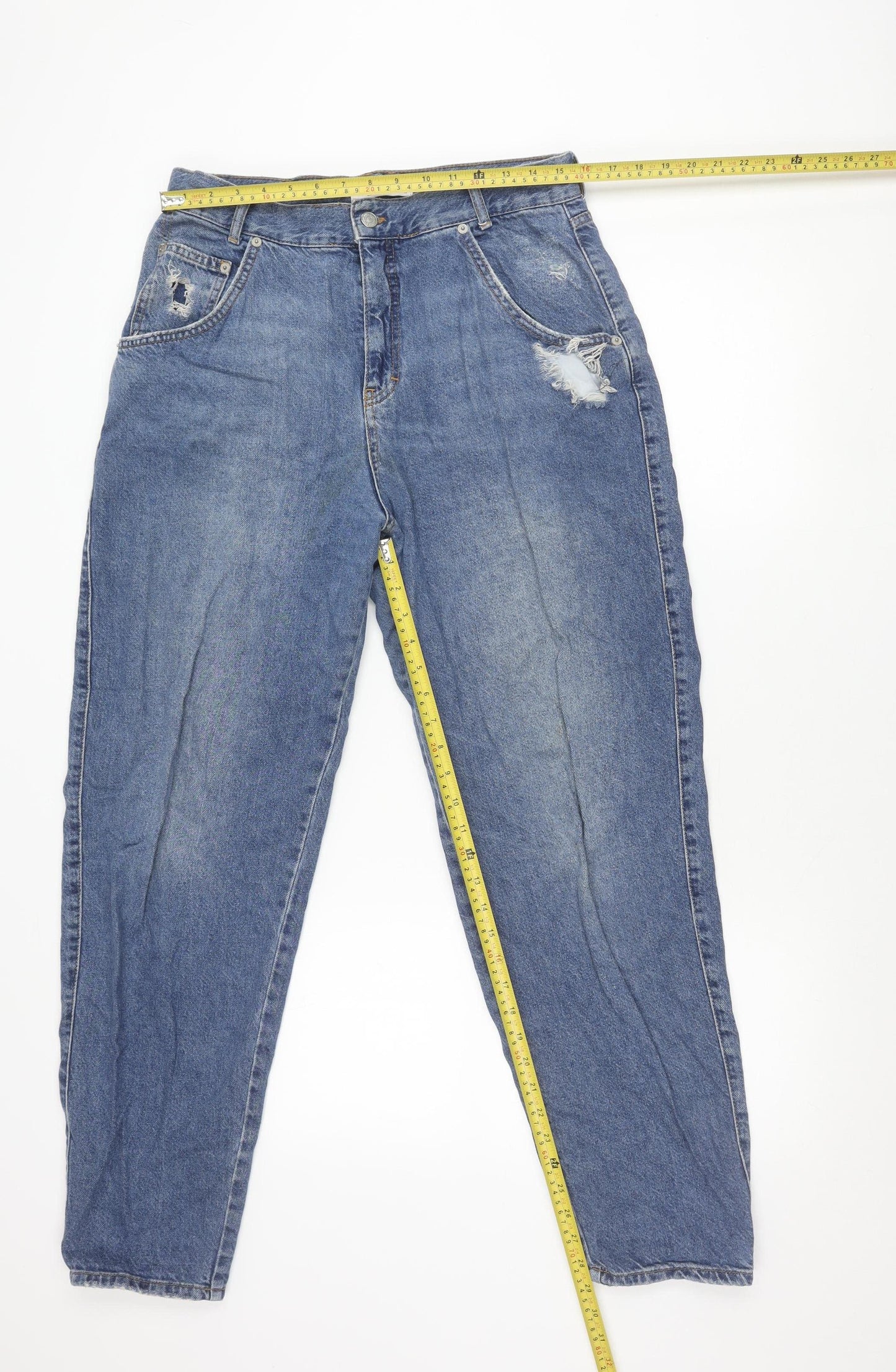 Pull & Bear Men's Blue 32in Regular Fit Distressed Straight Jeans