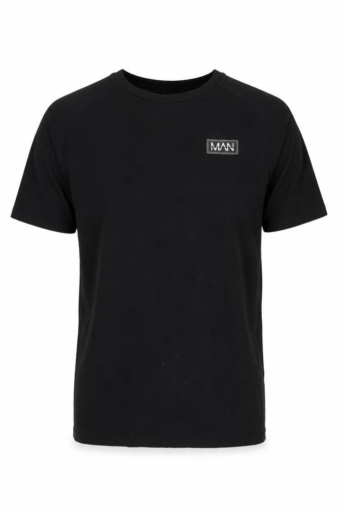 Front view of boohooMAN Men's Black Cotton Elastane Crew Neck T-Shirt, size M