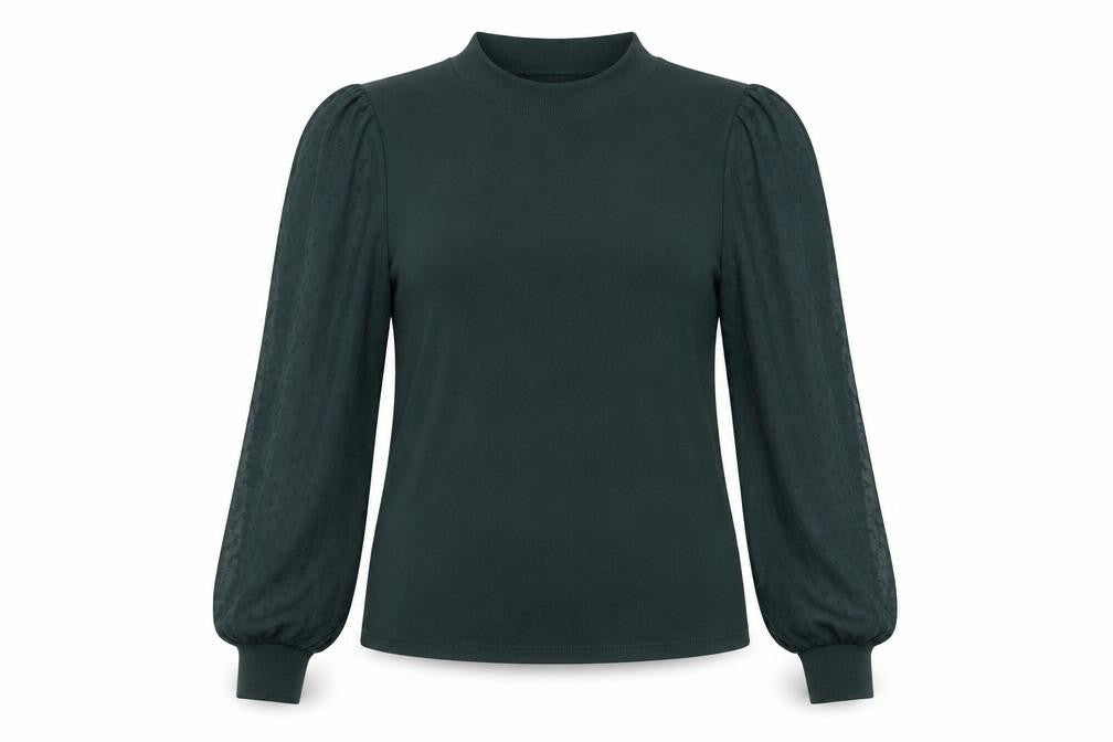 Front view of Stradivarius women’s green mock neck long sleeve puff blouse, size S