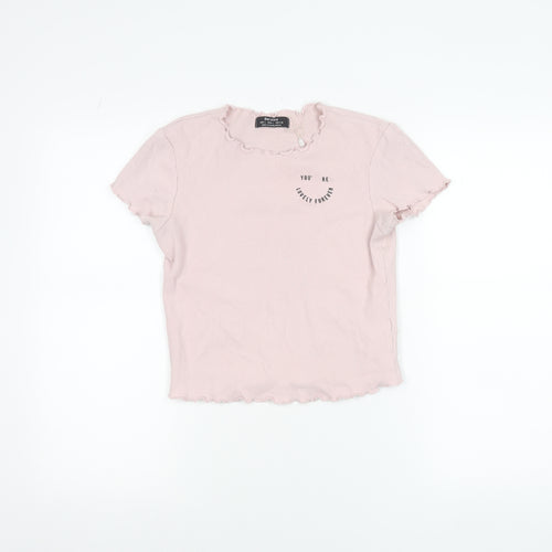 Bershka Women's Pink Ruffle Hem Slim Fit Cotton T-Shirt Size L