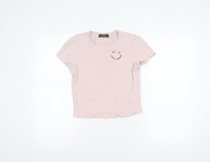 Bershka Women's Pink Ruffle Hem Slim Fit Cotton T-Shirt Size L