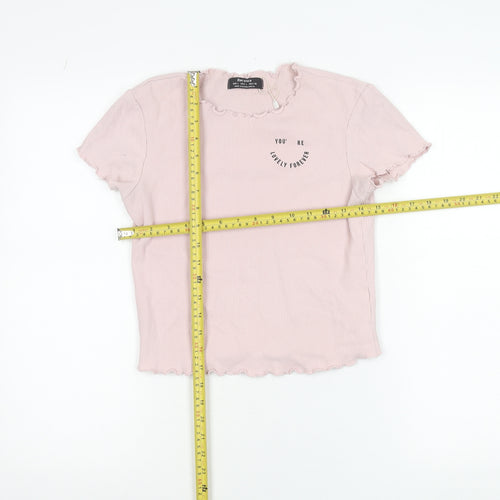 Bershka Women's Pink Ruffle Hem Slim Fit Cotton T-Shirt Size L