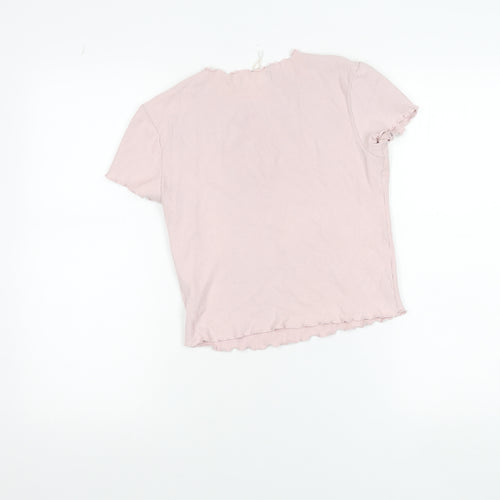 Bershka Women's Pink Ruffle Hem Slim Fit Cotton T-Shirt Size L