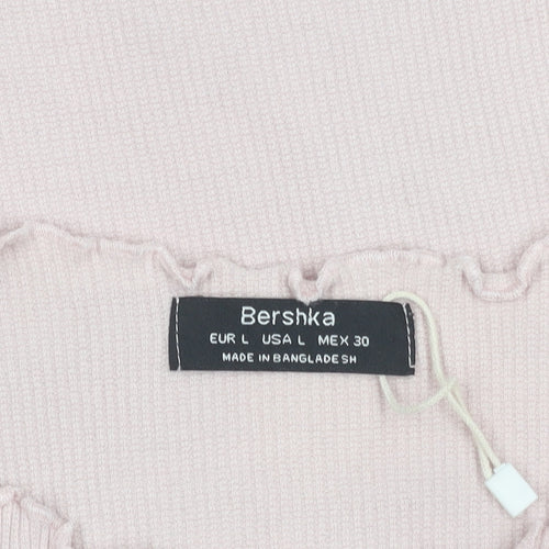 Bershka Women's Pink Ruffle Hem Slim Fit Cotton T-Shirt Size L