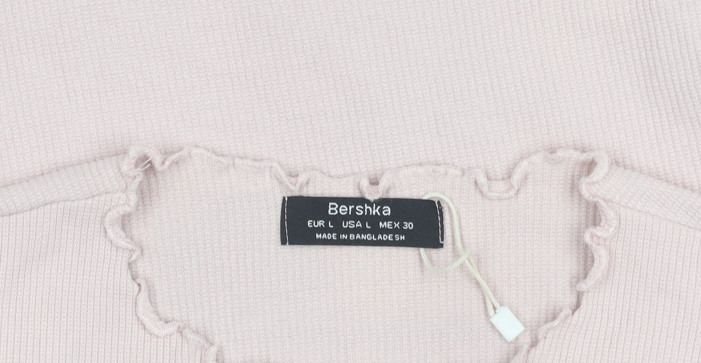 Bershka Women's Pink Ruffle Hem Slim Fit Cotton T-Shirt Size L