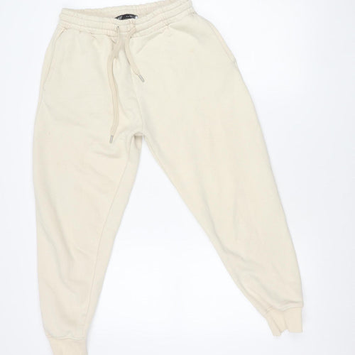ZARA Women's Beige Fleece Jogger Trousers M Elastic Waist Comfort Fit