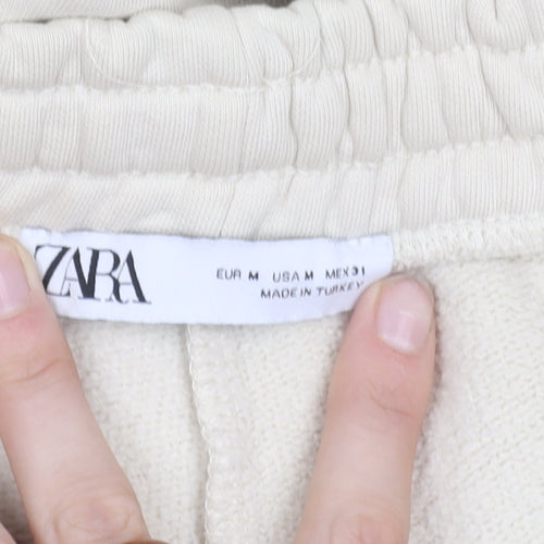 ZARA Women's Beige Fleece Jogger Trousers M Elastic Waist Comfort Fit