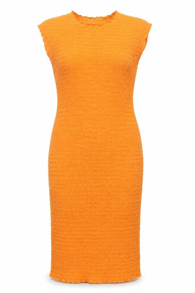 Front view of Zara women’s orange bodycon strapless midi dress, size L