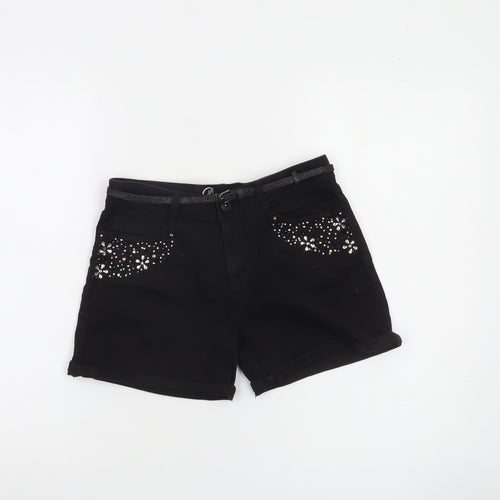 Denim Co. Girls Black Chino Shorts 13 Years Cotton Stretch Embellished
