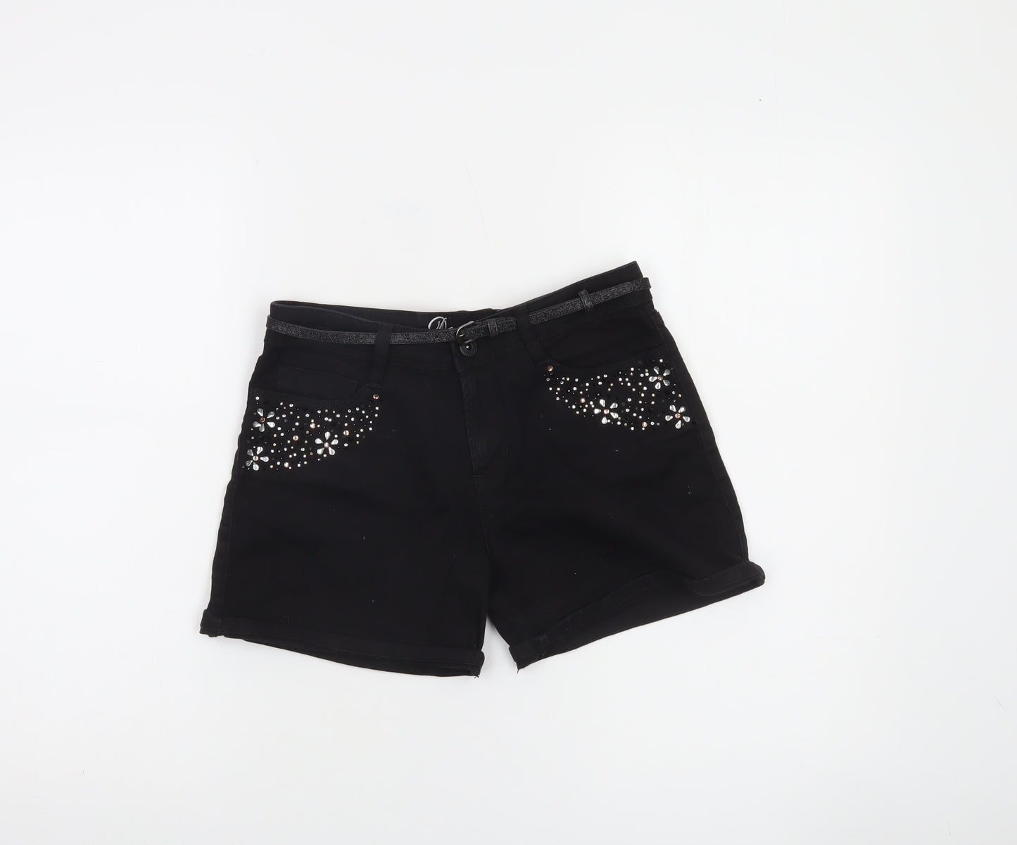Denim Co. Girls Black Chino Shorts 13 Years Cotton Stretch Embellished