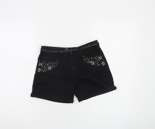 Denim Co. Girls Black Chino Shorts 13 Years Cotton Stretch Embellished